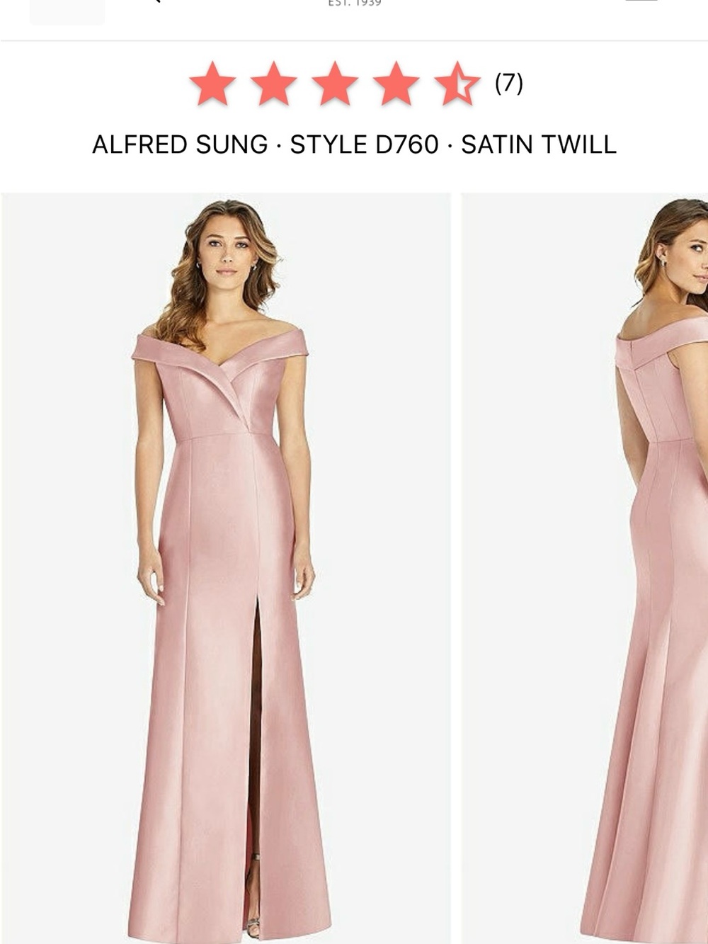 ALFRED SUNG ROSE Off-Shoulder Satin Twill Maxi Gown (Dessy Group) - Picture 3 of 5